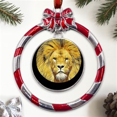 Lion Lioness Wildlife Hunter Metal Red Ribbon Round Ornament by Mog4mog4