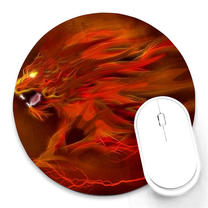 Fire Lion Flames Light Mystical Dangerous Wild Round Mousepad