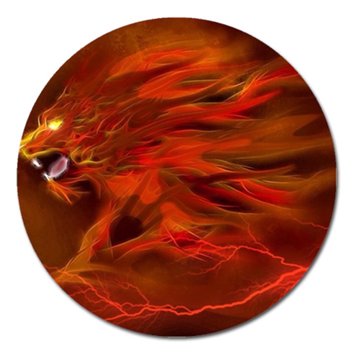 Fire Lion Flames Light Mystical Dangerous Wild Magnet 5  (Round)