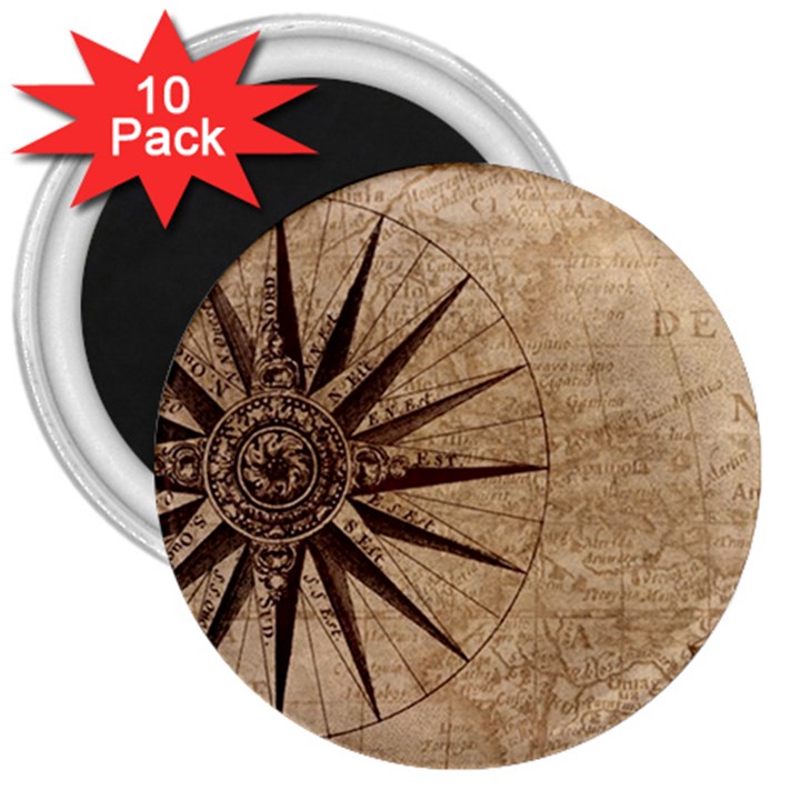 Compass Map Nautical Antique 3  Magnets (10 pack) 