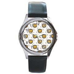 Lion Heads Pattern Design Doodle Round Metal Watch by Mog4mog4