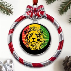 Lion Head Africa Rasta Metal Red Ribbon Round Ornament by Mog4mog4