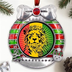 Lion Head Africa Rasta Metal X mas Ribbon With Red Crystal Round Ornament by Mog4mog4