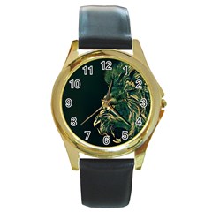 Angry Male Lion Round Gold Metal Watch