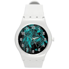 Angry Male Lion Predator Carnivore Round Plastic Sport Watch (m) by Mog4mog4