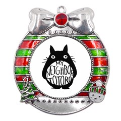 My Neighbor Totoro Black And White Metal X mas Ribbon With Red Crystal Round Ornament by Mog4mog4