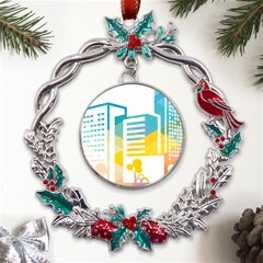 Silhouette Cityscape Building Icon Color City Metal X mas Wreath Holly Leaf Ornament by Mog4mog4