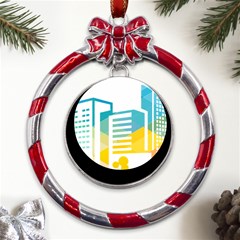 Silhouette Cityscape Building Icon Color City Metal Red Ribbon Round Ornament by Mog4mog4