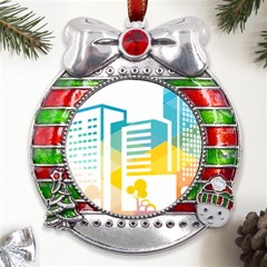 Silhouette Cityscape Building Icon Color City Metal X mas Ribbon With Red Crystal Round Ornament by Mog4mog4