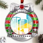 Silhouette Cityscape Building Icon Color City Metal X Mas Ribbon With Red Crystal Round Ornament Front