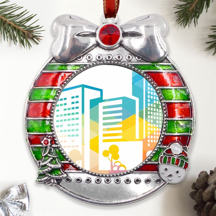 Silhouette Cityscape Building Icon Color City Metal X Mas Ribbon With Red Crystal Round Ornament