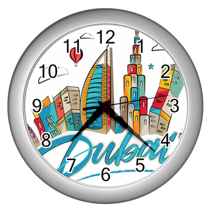 Burj Khalifa Skyline Clip Art Drawing Comic World Wall Clock (Silver)