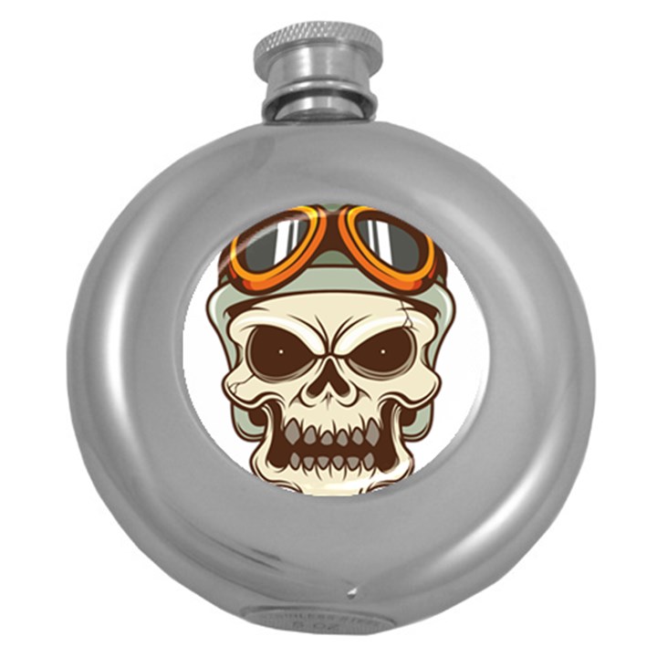 Motorcycle Helmet Skull Clip Art Cranial Skeleton Round Hip Flask (5 oz)