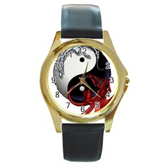 Yin And Yang Chinese Dragon Round Gold Metal Watch by Mog4mog4