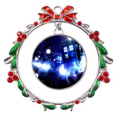 Tardis Background Space Metal X mas Wreath Ribbon Ornament by Mog4mog4