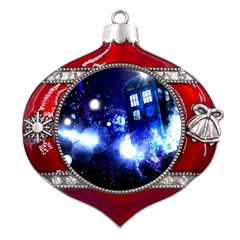 Tardis Background Space Metal Snowflake And Bell Red Ornament