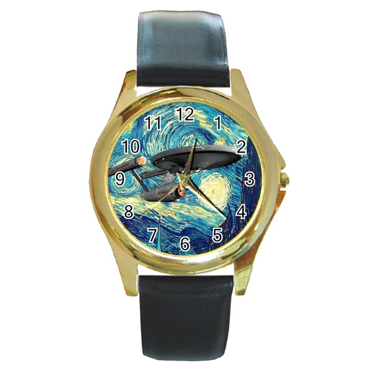 Star Starship The Starry Night Van Gogh Round Gold Metal Watch