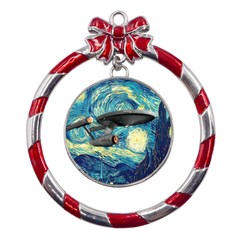 Star Starship The Starry Night Van Gogh Metal Red Ribbon Round Ornament