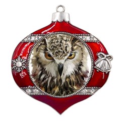 Vector Hand Painted Owl Metal Snowflake And Bell Red Ornament by Mog4mog4