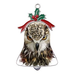 Vector Hand Painted Owl Metal Holly Leaf Bell Ornament by Mog4mog4