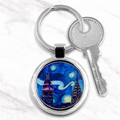 Starry Night In New York Van Gogh Manhattan Chrysler Building And Empire State Building Key Chain (round) by Mog4mog4