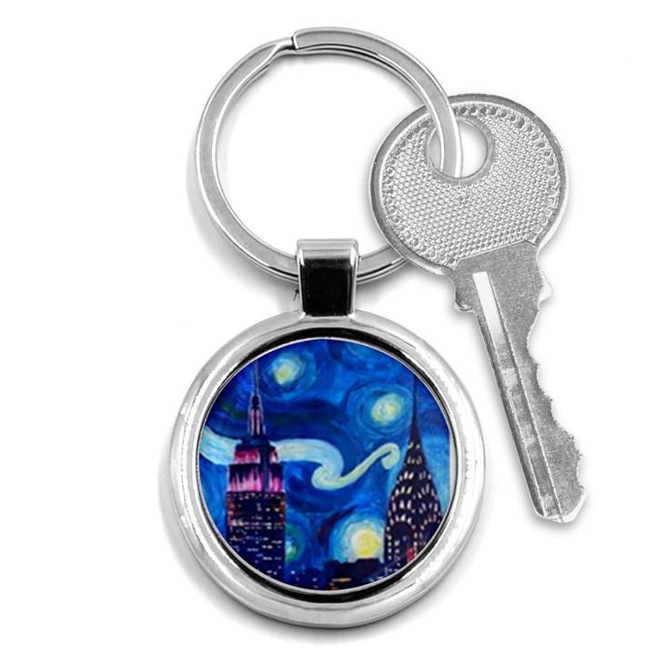 Starry Night In New York Van Gogh Manhattan Chrysler Building And Empire State Building Key Chain (Round)