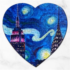 Starry Night In New York Van Gogh Manhattan Chrysler Building And Empire State Building Jigsaw Puzzle (heart) by Mog4mog4