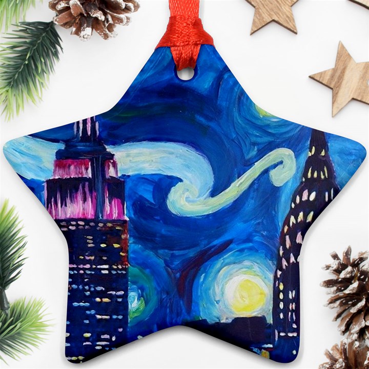 Starry Night In New York Van Gogh Manhattan Chrysler Building And Empire State Building Star Ornament (Two Sides)