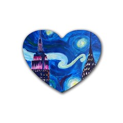 Starry Night In New York Van Gogh Manhattan Chrysler Building And Empire State Building Rubber Heart Coaster (4 Pack) by Mog4mog4