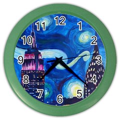 Starry Night In New York Van Gogh Manhattan Chrysler Building And Empire State Building Color Wall Clock by Mog4mog4