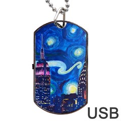 Starry Night In New York Van Gogh Manhattan Chrysler Building And Empire State Building Dog Tag Usb Flash (two Sides) by Mog4mog4