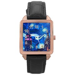 Starry Night In New York Van Gogh Manhattan Chrysler Building And Empire State Building Rose Gold Leather Watch  by Mog4mog4