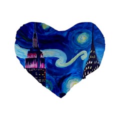 Starry Night In New York Van Gogh Manhattan Chrysler Building And Empire State Building Standard 16  Premium Flano Heart Shape Cushions by Mog4mog4