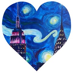 Starry Night In New York Van Gogh Manhattan Chrysler Building And Empire State Building Wooden Puzzle Heart by Mog4mog4