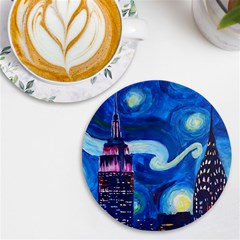 Starry Night In New York Van Gogh Manhattan Chrysler Building And Empire State Building Uv Print Round Tile Coaster by Mog4mog4