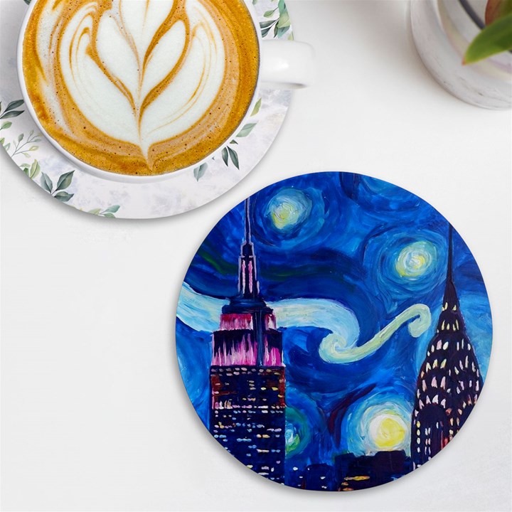 Starry Night In New York Van Gogh Manhattan Chrysler Building And Empire State Building UV Print Round Tile Coaster