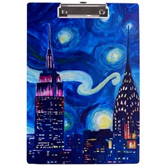 Starry Night In New York Van Gogh Manhattan Chrysler Building And Empire State Building A4 Acrylic Clipboard by Mog4mog4