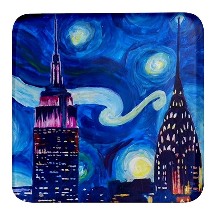 Starry Night In New York Van Gogh Manhattan Chrysler Building And Empire State Building Square Glass Fridge Magnet (4 pack)