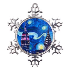 Starry Night In New York Van Gogh Manhattan Chrysler Building And Empire State Building Metal Large Snowflake Ornament by Mog4mog4