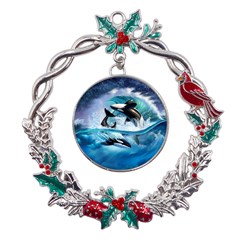 Orca Wave Water Underwater Metal X mas Wreath Holly Leaf Ornament by Mog4mog4