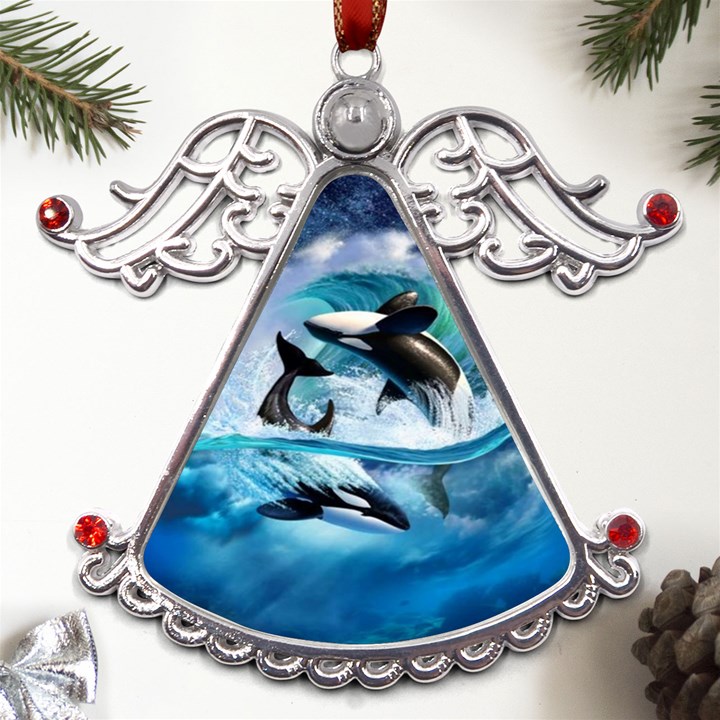 Orca Wave Water Underwater Metal Angel with Crystal Ornament