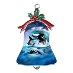 Orca Wave Water Underwater Metal Holly Leaf Bell Ornament by Mog4mog4