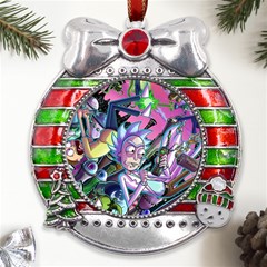 Cartoon Parody Time Travel Ultra Pattern Metal X mas Ribbon With Red Crystal Round Ornament by Mog4mog4