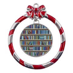 Bookshelf Metal Red Ribbon Round Ornament by Mog4mog4