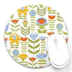 Seamless Pattern With Various Flowers Leaves Folk Motif Round Mousepad by Mog4mog4