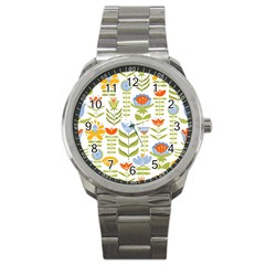 Seamless Pattern With Various Flowers Leaves Folk Motif Sport Metal Watch