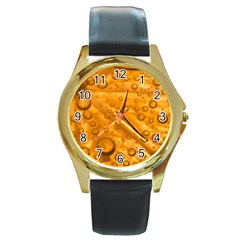 Lime Water Bubbles Macro Light Detail Background Round Gold Metal Watch