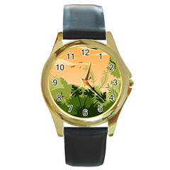 Forest Images Vector Round Gold Metal Watch by Mog4mog4