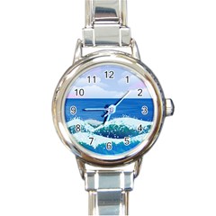 Illustration Landscape Sea Ocean Waves Beach Blue Round Italian Charm Watch by Mog4mog4