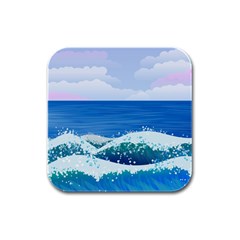 Illustration Landscape Sea Ocean Waves Beach Blue Rubber Square Coaster (4 Pack) by Mog4mog4